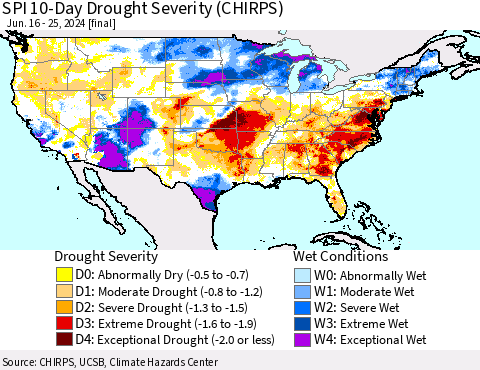 United States SPI 10-Day Drought Severity (CHIRPS) Thematic Map For 6/16/2024 - 6/25/2024