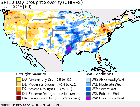 United States SPI 10-Day Drought Severity (CHIRPS) Thematic Map For 7/1/2024 - 7/10/2024