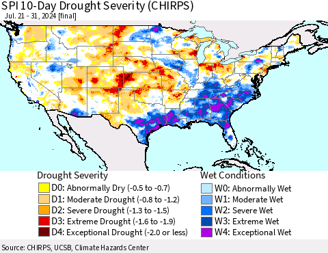 United States SPI 10-Day Drought Severity (CHIRPS) Thematic Map For 7/21/2024 - 7/31/2024