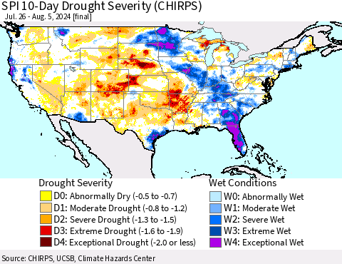 United States SPI 10-Day Drought Severity (CHIRPS) Thematic Map For 7/26/2024 - 8/5/2024
