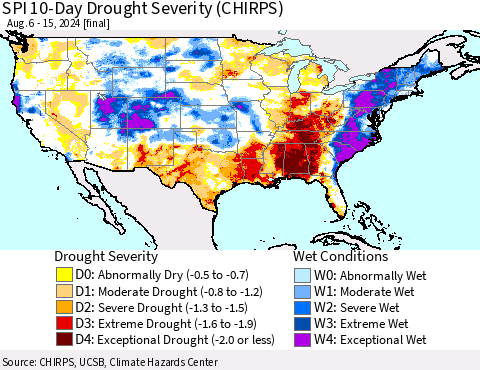 United States SPI 10-Day Drought Severity (CHIRPS) Thematic Map For 8/6/2024 - 8/15/2024