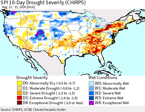 United States SPI 10-Day Drought Severity (CHIRPS) Thematic Map For 8/21/2024 - 8/31/2024