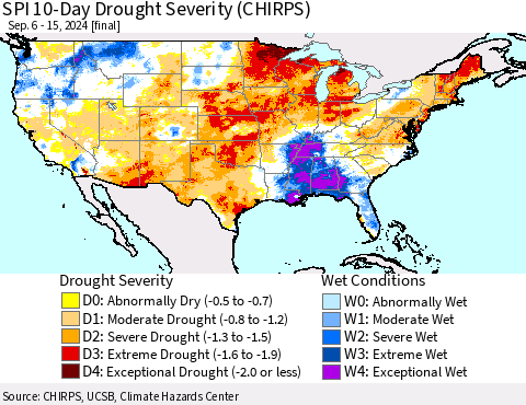 United States SPI 10-Day Drought Severity (CHIRPS) Thematic Map For 9/6/2024 - 9/15/2024