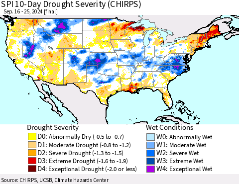 United States SPI 10-Day Drought Severity (CHIRPS) Thematic Map For 9/16/2024 - 9/25/2024