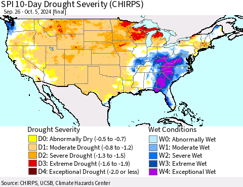 United States SPI 10-Day Drought Severity (CHIRPS) Thematic Map For 9/26/2024 - 10/5/2024
