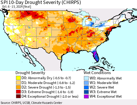 United States SPI 10-Day Drought Severity (CHIRPS) Thematic Map For 10/6/2024 - 10/15/2024