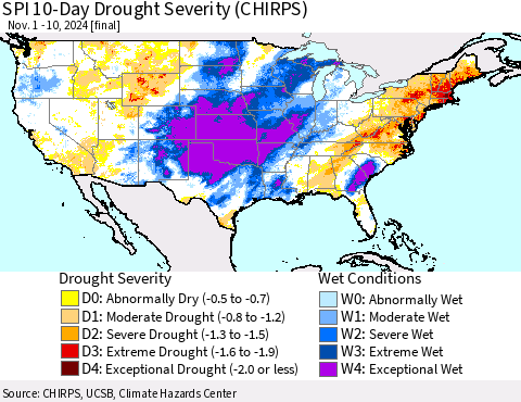 United States SPI 10-Day Drought Severity (CHIRPS) Thematic Map For 11/1/2024 - 11/10/2024