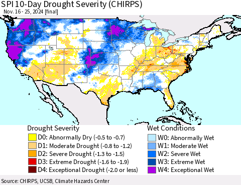 United States SPI 10-Day Drought Severity (CHIRPS) Thematic Map For 11/16/2024 - 11/25/2024
