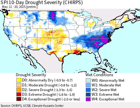 United States SPI 10-Day Drought Severity (CHIRPS) Thematic Map For 5/11/2025 - 5/20/2025