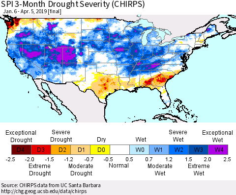 United States SPI 3-Month Drought Severity (CHIRPS) Thematic Map For 1/6/2019 - 4/5/2019