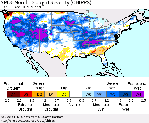 United States SPI 3-Month Drought Severity (CHIRPS) Thematic Map For 1/11/2019 - 4/10/2019