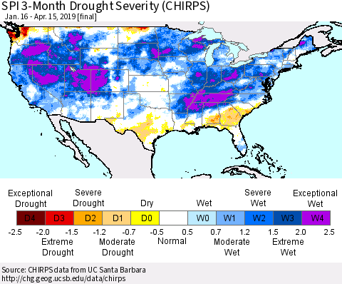 United States SPI 3-Month Drought Severity (CHIRPS) Thematic Map For 1/16/2019 - 4/15/2019