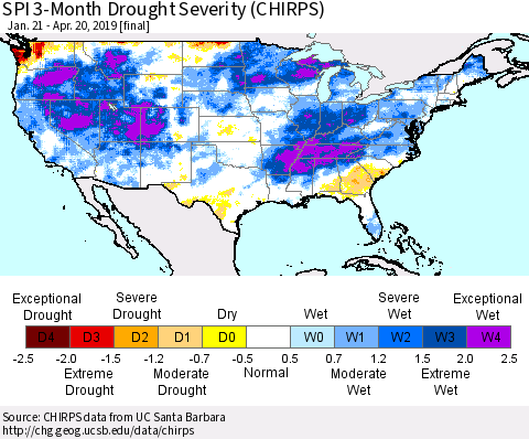 United States SPI 3-Month Drought Severity (CHIRPS) Thematic Map For 1/21/2019 - 4/20/2019