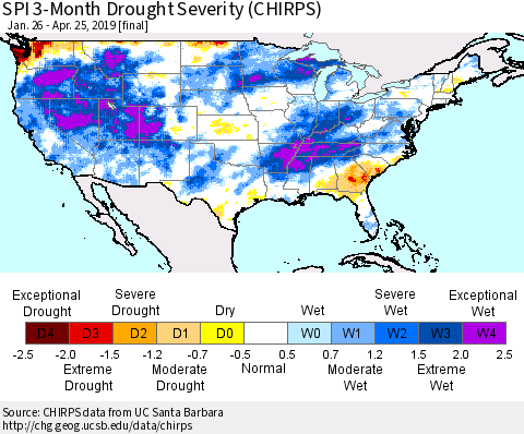 United States SPI 3-Month Drought Severity (CHIRPS) Thematic Map For 1/26/2019 - 4/25/2019