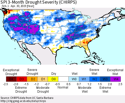 United States SPI 3-Month Drought Severity (CHIRPS) Thematic Map For 2/1/2019 - 4/30/2019