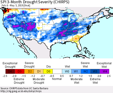 United States SPI 3-Month Drought Severity (CHIRPS) Thematic Map For 2/6/2019 - 5/5/2019