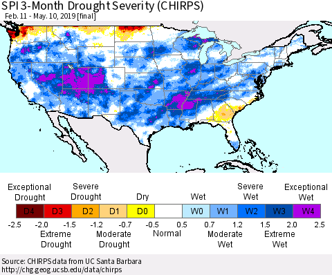 United States SPI 3-Month Drought Severity (CHIRPS) Thematic Map For 2/11/2019 - 5/10/2019