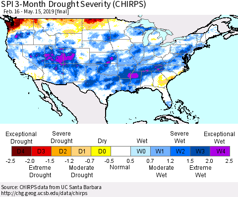 United States SPI 3-Month Drought Severity (CHIRPS) Thematic Map For 2/16/2019 - 5/15/2019