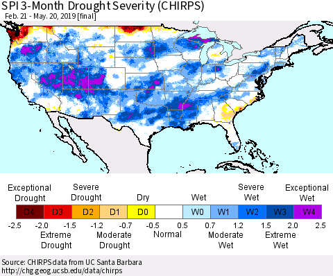 United States SPI 3-Month Drought Severity (CHIRPS) Thematic Map For 2/21/2019 - 5/20/2019