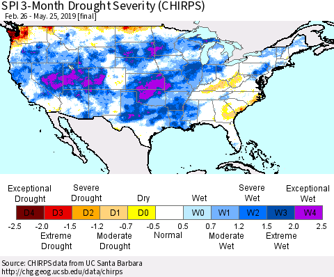 United States SPI 3-Month Drought Severity (CHIRPS) Thematic Map For 2/26/2019 - 5/25/2019
