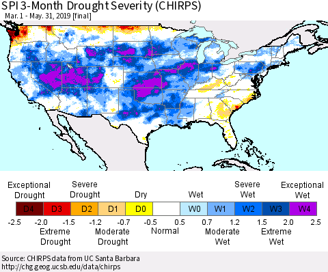 United States SPI 3-Month Drought Severity (CHIRPS) Thematic Map For 3/1/2019 - 5/31/2019
