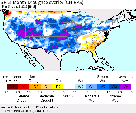 United States SPI 3-Month Drought Severity (CHIRPS) Thematic Map For 3/6/2019 - 6/5/2019