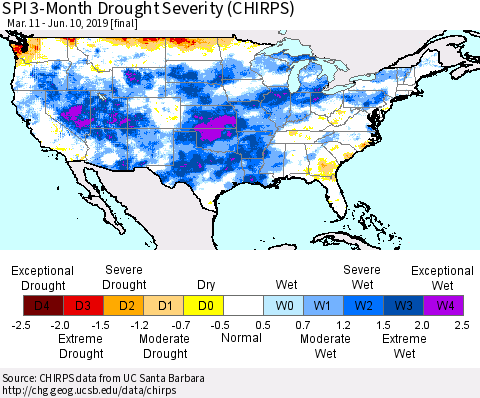 United States SPI 3-Month Drought Severity (CHIRPS) Thematic Map For 3/11/2019 - 6/10/2019