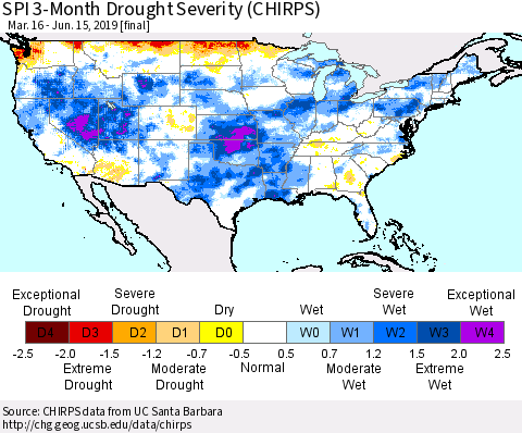 United States SPI 3-Month Drought Severity (CHIRPS) Thematic Map For 3/16/2019 - 6/15/2019