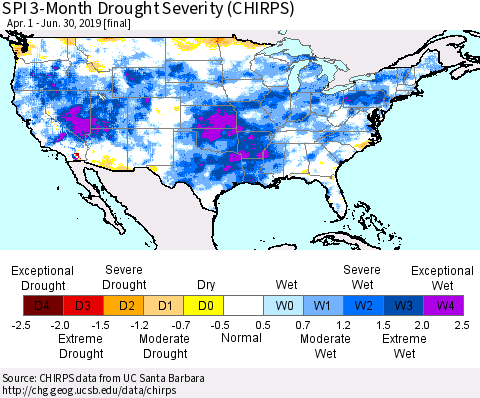 United States SPI 3-Month Drought Severity (CHIRPS) Thematic Map For 4/1/2019 - 6/30/2019