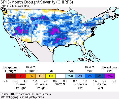 United States SPI 3-Month Drought Severity (CHIRPS) Thematic Map For 4/6/2019 - 7/5/2019