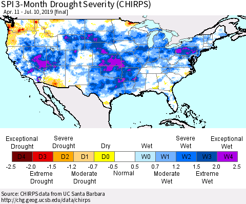 United States SPI 3-Month Drought Severity (CHIRPS) Thematic Map For 4/11/2019 - 7/10/2019