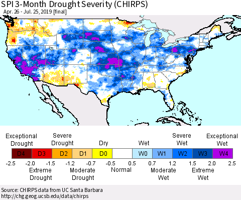 United States SPI 3-Month Drought Severity (CHIRPS) Thematic Map For 4/26/2019 - 7/25/2019
