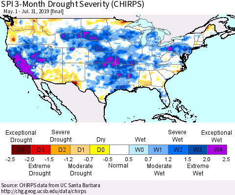 United States SPI 3-Month Drought Severity (CHIRPS) Thematic Map For 5/1/2019 - 7/31/2019