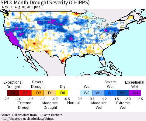 United States SPI 3-Month Drought Severity (CHIRPS) Thematic Map For 5/11/2019 - 8/10/2019