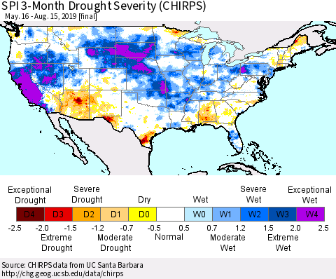United States SPI 3-Month Drought Severity (CHIRPS) Thematic Map For 5/16/2019 - 8/15/2019