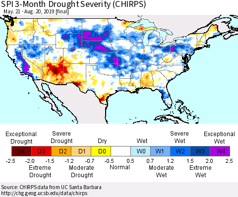 United States SPI 3-Month Drought Severity (CHIRPS) Thematic Map For 5/21/2019 - 8/20/2019