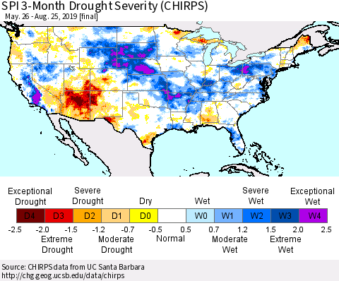 United States SPI 3-Month Drought Severity (CHIRPS) Thematic Map For 5/26/2019 - 8/25/2019