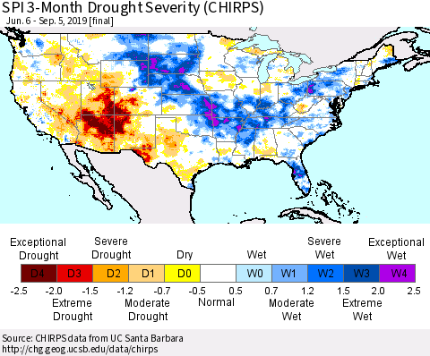 United States SPI 3-Month Drought Severity (CHIRPS) Thematic Map For 6/6/2019 - 9/5/2019