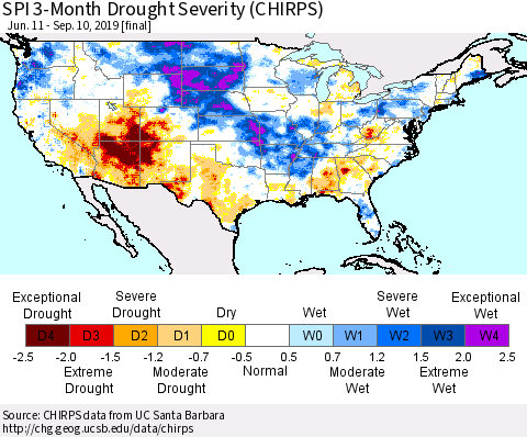 United States SPI 3-Month Drought Severity (CHIRPS) Thematic Map For 6/11/2019 - 9/10/2019