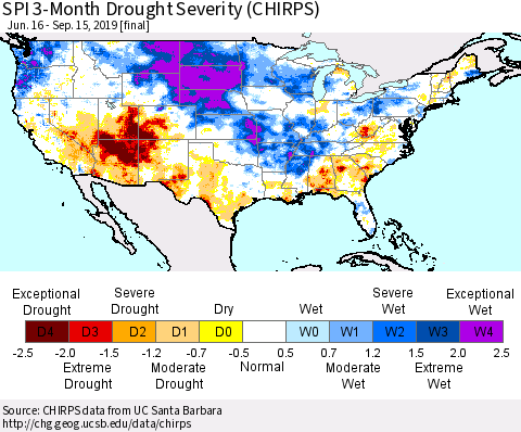 United States SPI 3-Month Drought Severity (CHIRPS) Thematic Map For 6/16/2019 - 9/15/2019