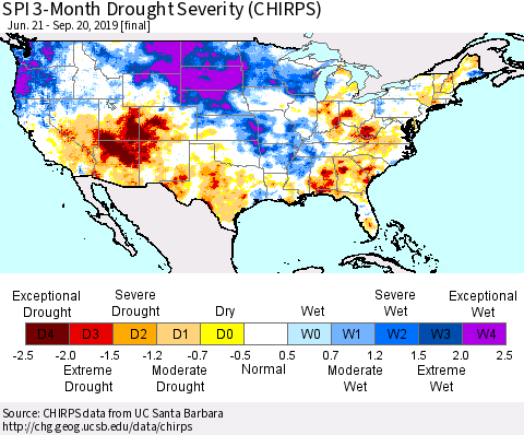 United States SPI 3-Month Drought Severity (CHIRPS) Thematic Map For 6/21/2019 - 9/20/2019