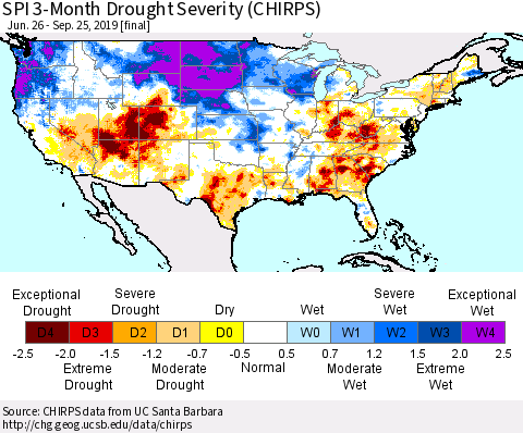 United States SPI 3-Month Drought Severity (CHIRPS) Thematic Map For 6/26/2019 - 9/25/2019