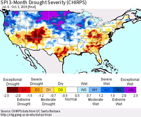 United States SPI 3-Month Drought Severity (CHIRPS) Thematic Map For 7/6/2019 - 10/5/2019