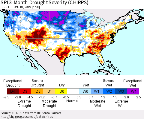 United States SPI 3-Month Drought Severity (CHIRPS) Thematic Map For 7/11/2019 - 10/10/2019