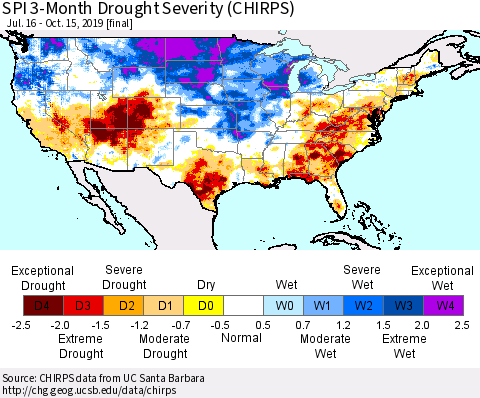 United States SPI 3-Month Drought Severity (CHIRPS) Thematic Map For 7/16/2019 - 10/15/2019