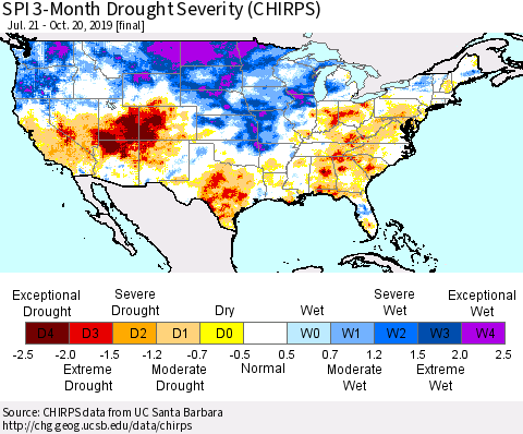 United States SPI 3-Month Drought Severity (CHIRPS) Thematic Map For 7/21/2019 - 10/20/2019