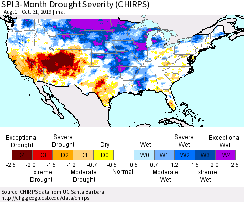 United States SPI 3-Month Drought Severity (CHIRPS) Thematic Map For 8/1/2019 - 10/31/2019