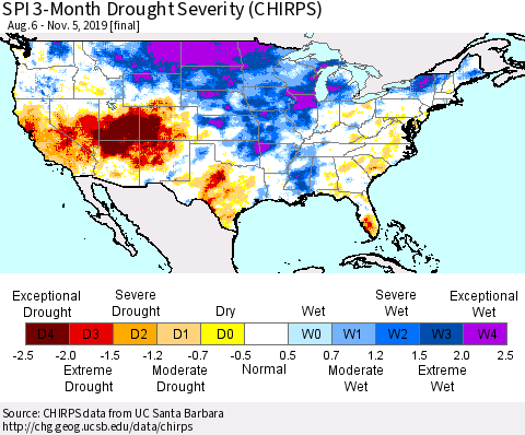 United States SPI 3-Month Drought Severity (CHIRPS) Thematic Map For 8/6/2019 - 11/5/2019