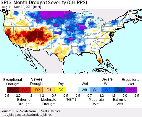 United States SPI 3-Month Drought Severity (CHIRPS) Thematic Map For 8/11/2019 - 11/10/2019
