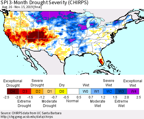 United States SPI 3-Month Drought Severity (CHIRPS) Thematic Map For 8/16/2019 - 11/15/2019